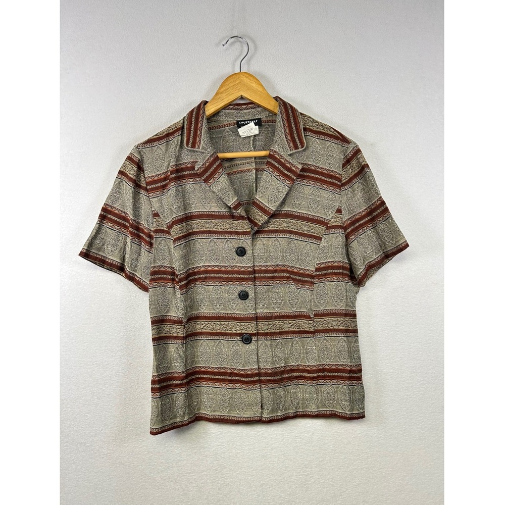 Courtenay Vintage Button Up Shirt Womens‎ 10 Brown Tan Geometric Tapestry Top